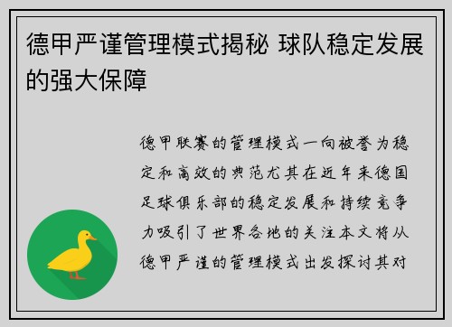 德甲严谨管理模式揭秘 球队稳定发展的强大保障 德甲严谨管理模式揭秘 球队稳定发展的强大保障