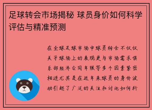 足球转会市场揭秘 球员身价如何科学评估与精准预测